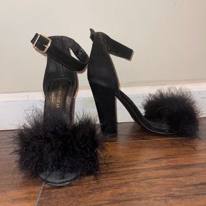 Black fluffy ankle strap heels